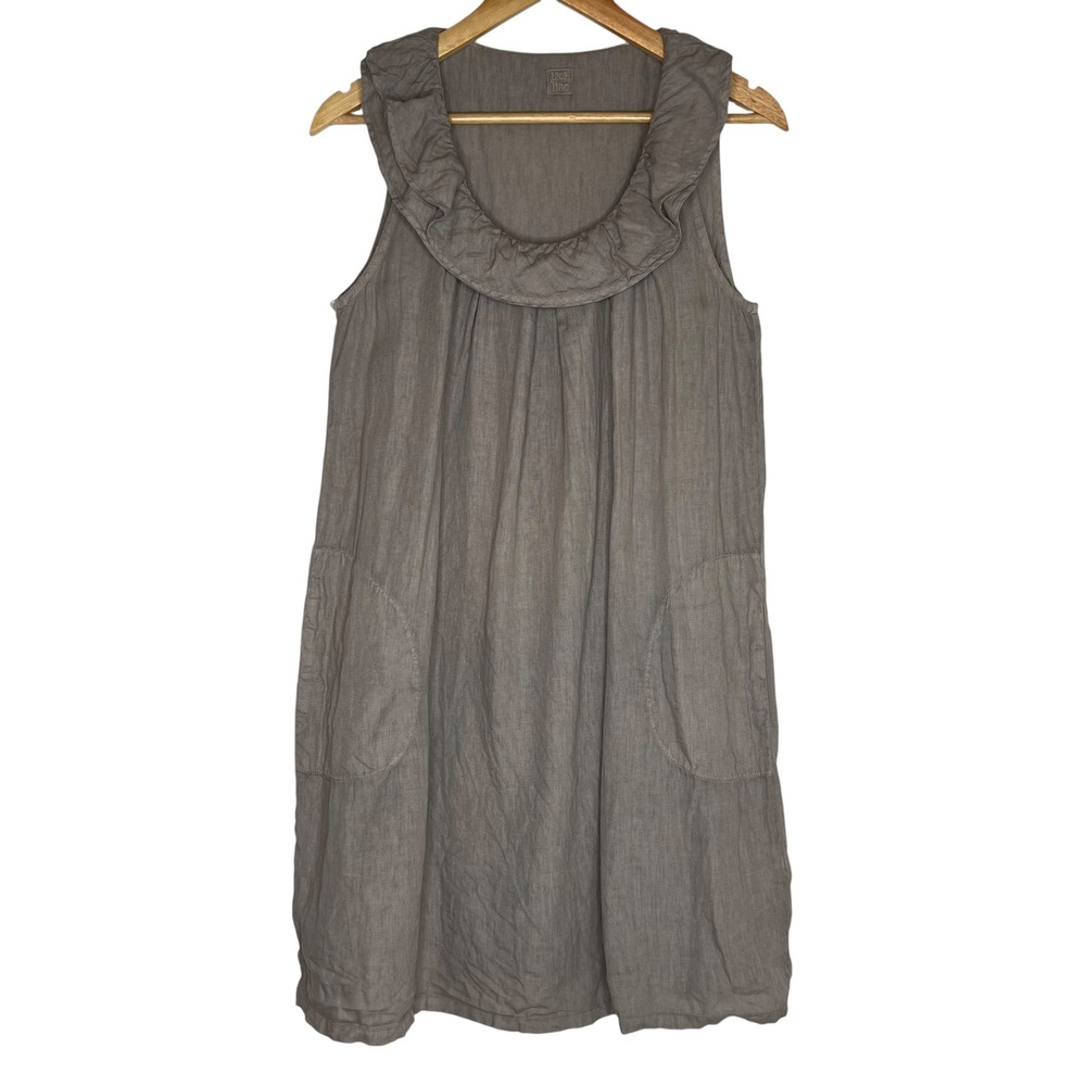 120% Lino Gray Sleeveless Linen Shift Dress Ruffle Collar with Pockets SZ 44 / M